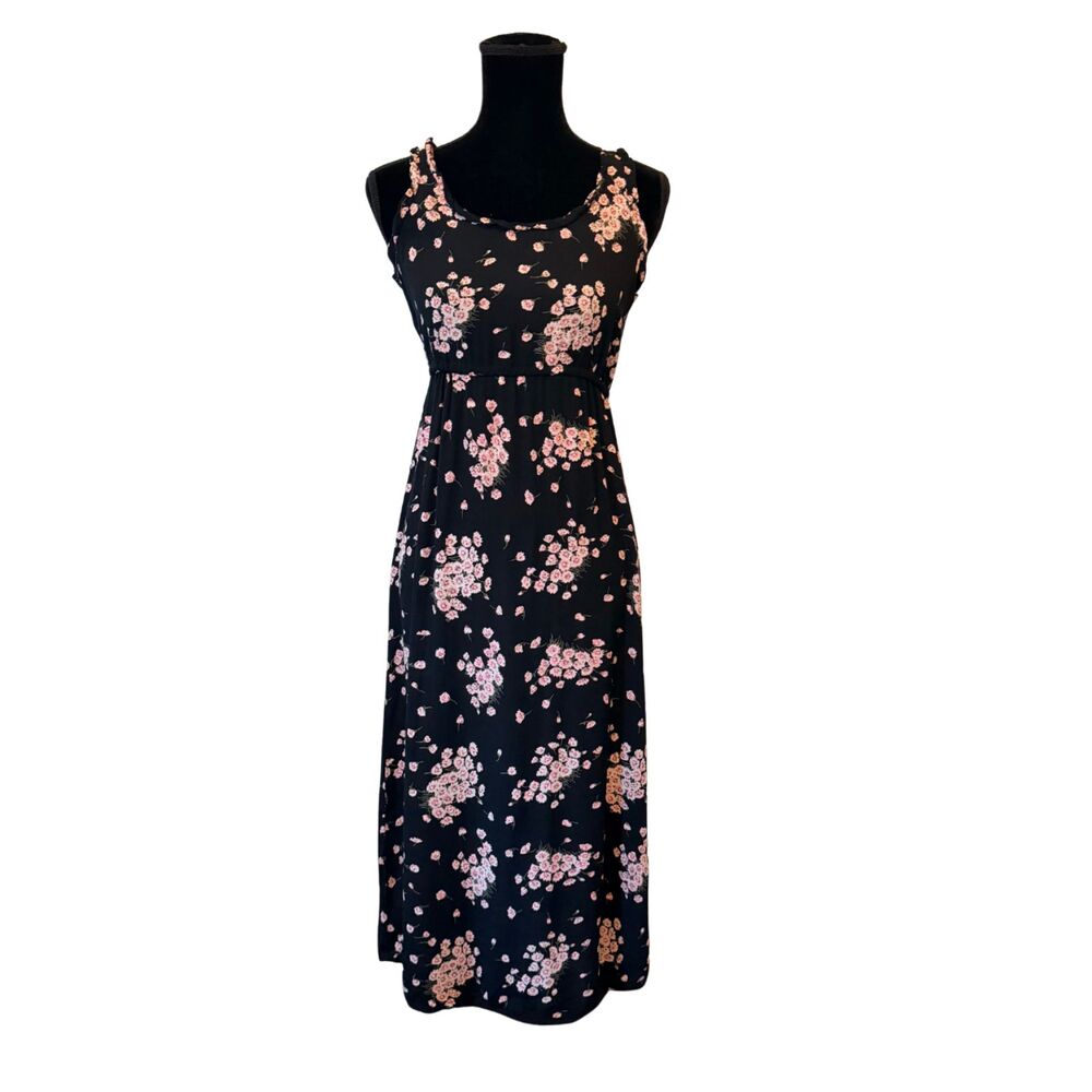 VINTAGE 90s Empire Drawstring Waist Sleeveless Floral Cottage Midi Sun Dress S